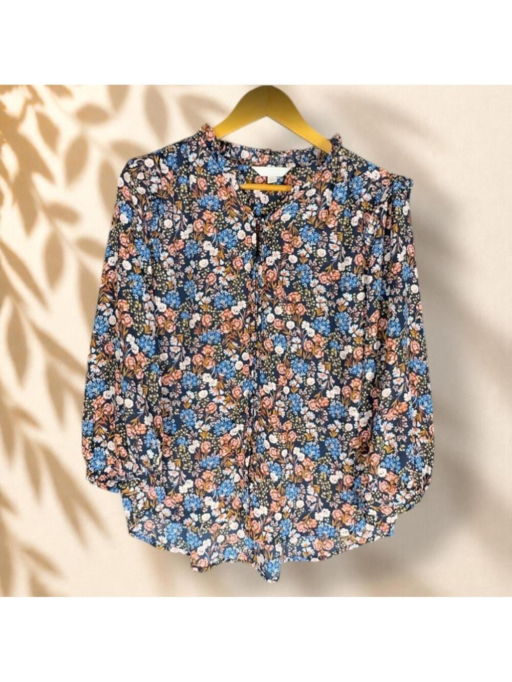 LC Lauren Conrad Button Up Top Women XL Blue Floral Long Sleeve V-Neck Casual